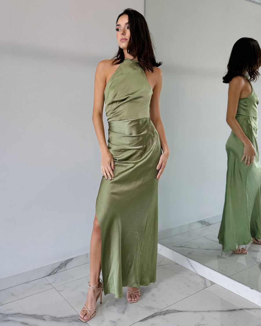 Olive Green One Shoulder Gown Dress