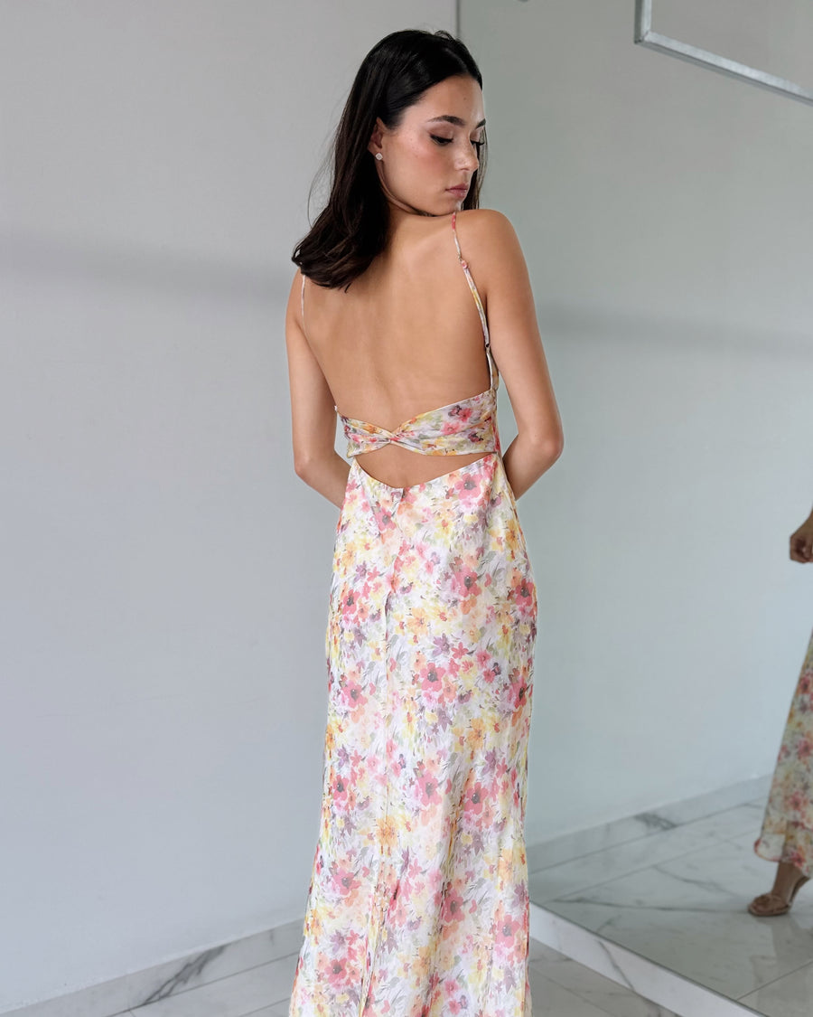 Pink Floral Open Back Maxi Dress